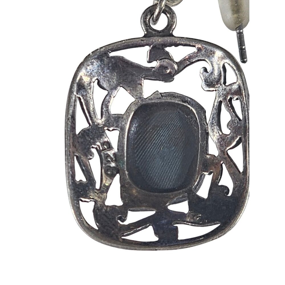 VINTAGE STERLING SILVER BLUE TURQUOISE EARRINGS FINE SCROLL BORDER SQUARE SHAPE - Picture 4 of 5